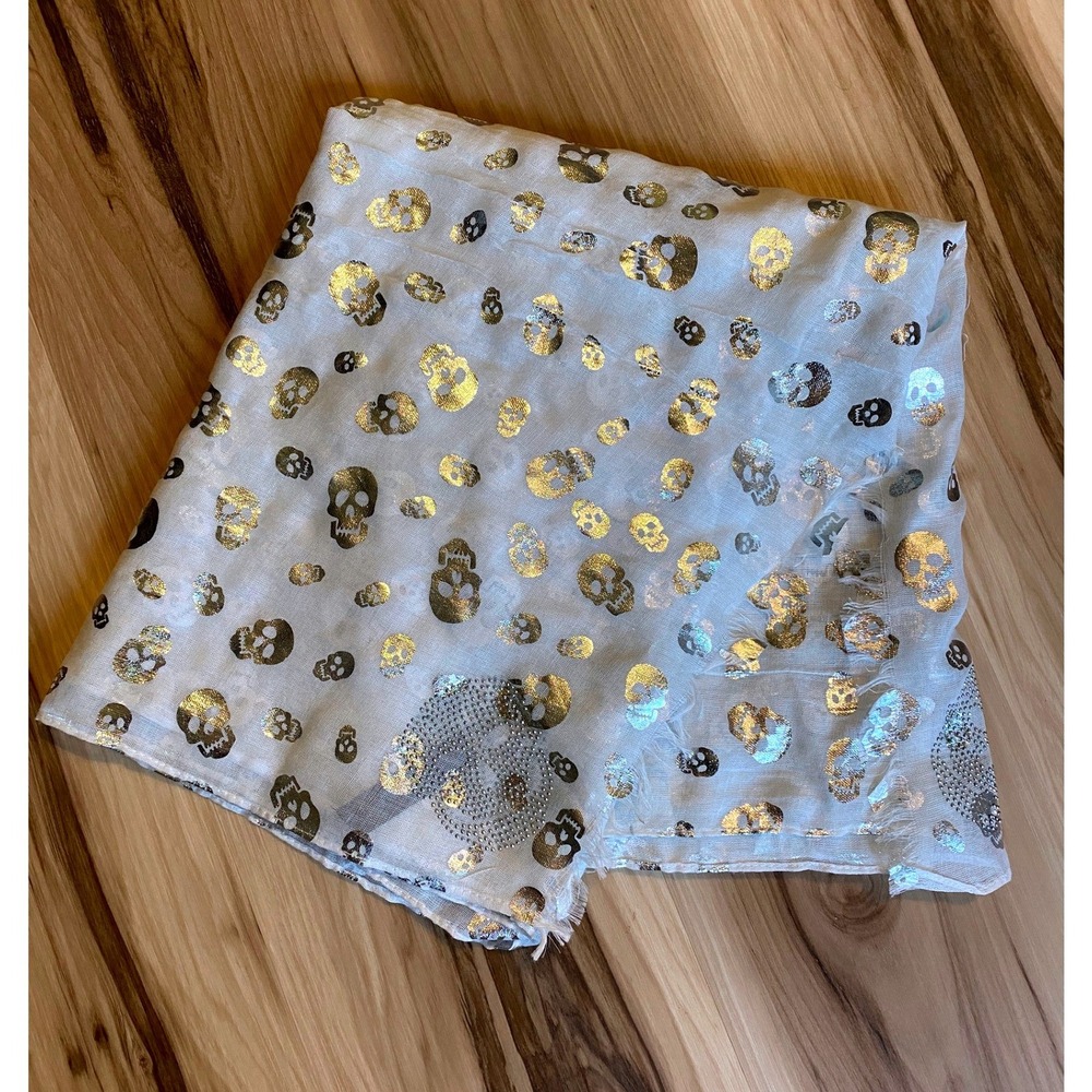 Lane Bryant Metallic Gold Silver Skull Rhinestone Scarf White Frayed Edge Wrap